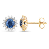 1.58 Carat Genuine Blue Sapphire and White Diamond 14K Yellow Gold Earrings