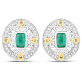 0.69 Carat Genuine Zambian Emerald and White Diamond .925 Sterling Silver Earrings