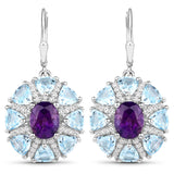 11.52 Carat Genuine Amethyst, Blue Topaz and White Topaz .925 Sterling Silver Earrings