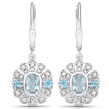 1.48 Carat Genuine Aquamarine, Swiss Blue Topaz and White Diamond .925 Sterling Silver Earrings