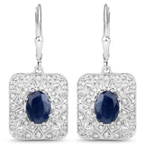3.36 Carat Genuine Blue Sapphire and White Diamond .925 Sterling Silver Earrings