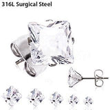 Pair of 316L Surgical Steel Clear Princess Cut CZ Stud Earrings by Fashion Hut Jewelry