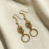 14 KT Gold Filled Green Crystal Circle Filigree Earrings