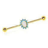 Gold Plated Halo White Synthetic Opal Industrial Barbell by Fashion Hut Jewelry