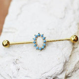 Gold Plated Halo White Synthetic Opal Industrial Barbell by Fashion Hut Jewelry