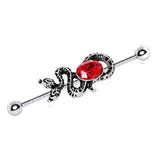 316L Stainless Steel Two-Headed Snake with Ruby Red CZ Industrial Barbell by Fashion Hut Jewelry
