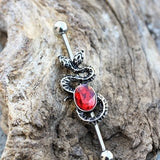316L Stainless Steel Two-Headed Snake with Ruby Red CZ Industrial Barbell by Fashion Hut Jewelry