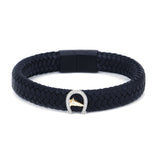 Braided Leather Bracelet with Genuine Diamond, 14K Gold Horse Shoe with Diamonds