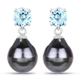 1.20 Carat Genuine Blue Topaz and Tahitian Cultured Pearl .925 Sterling Silver Earrings