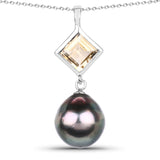 1.65 Carat Genuine Citrine and Tahitian Cultured Pearl .925 Sterling Silver Pendant