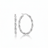 Sterling Silver Oval Hoop Braided Diamond Cut Earrings — One Size / Silver — view 2