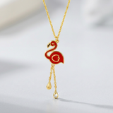 RCJ - 14k Yellow Gold Childrens Necklace with Enameled Flamingo Pendant - 14 - Red - View 2