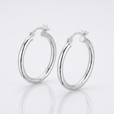 RCJ - Sterling Silver Rhodium Plated Polished Look Hoop Earrings (25mm) - One Size - Silver - View 3
