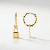 14k Yellow Gold Huggie Style Hoop Earrings with Padlock Drops — One Size / Gold — view 1