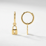 RCJ - 14k Yellow Gold Huggie Style Hoop Earrings with Padlock Drops - One Size - Gold - View 2