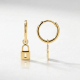 RCJ - 14k Yellow Gold Huggie Style Hoop Earrings with Padlock Drops - One Size - Gold - View 3