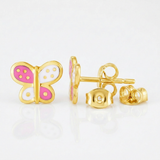 RCJ - 14k Yellow Gold and Enamel Pink and White Butterfly Stud Earrings - One Size - Bright Pink - View 3