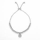 RCJ - Adjustable Bead Bracelet with Round Charm and Cubic Zirconias in Sterling Silver - 9.25 - Silver - View 2
