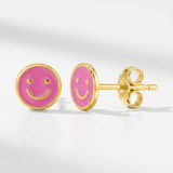RCJ - 14k Yellow Gold and Enamel Pink Smiley Face Stud Earrings - One Size - Bright Pink - View 4