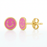 RCJ - 14k Yellow Gold and Enamel Pink Smiley Face Stud Earrings - One Size - Bright Pink - View 3