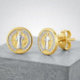 RCJ - 14k Two Tone Gold Round Religious Medallion Post Earrings - One Size - Gold - View 2