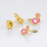 RCJ - 14k Yellow Gold Enameled Flamingo Childrens Earrings - One Size - Gold - View 4
