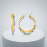 RCJ - Two Part Textured and Shiny Hoop Earrings in 14k Yellow and White Gold - Two-Tone Gold - View 3