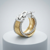 RCJ - Two Part Textured and Shiny Hoop Earrings in 14k Yellow and White Gold - Two-Tone Gold - View 4