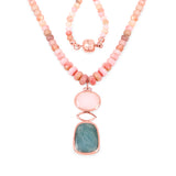 14K Rose Gold Plated 92.39 Carat Genuine Milky Aquamarine & Pink Opal .925 Sterling Silver Necklace