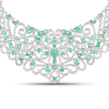 21.76 Carat Genuine Emerald and White Diamond .925 Sterling Silver Necklace