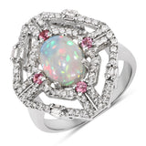 Multi-Gemstone Natural Opal Multi-Tourmaline with Diamond Silver Statement Ring October Birthstone