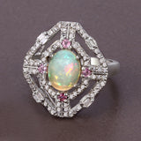 Multi-Gemstone Natural Opal Multi-Tourmaline with Diamond Silver Statement Ring October Birthstone