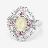Multi-Gemstone Natural Opal Multi-Tourmaline with Diamond Silver Statement Ring October Birthstone