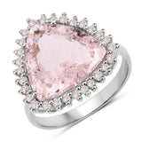Natural Morganite with Diamond Halo Silver Ring Pink-Peach Engagement Statement Ring