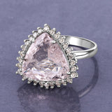 Natural Morganite with Diamond Halo Silver Ring Pink-Peach Engagement Statement Ring
