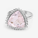 Natural Morganite with Diamond Halo Silver Ring Pink-Peach Engagement Statement Ring