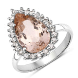 Natural Morganite with Diamond Halo Silver Ring Pink-Peach Morganite Ring Engagement Statement Ring