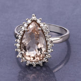 Natural Morganite with Diamond Halo Silver Ring Pink-Peach Morganite Ring Engagement Statement Ring
