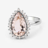 Natural Morganite with Diamond Halo Silver Ring Pink-Peach Morganite Ring Engagement Statement Ring