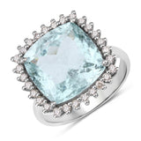 Natural Aquamarine with Diamond Halo Silver Ring March Birthstone Statement Ring Engagement Ring