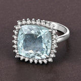 Natural Aquamarine with Diamond Halo Silver Ring March Birthstone Statement Ring Engagement Ring