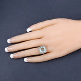 Natural Aquamarine with Diamond Halo Silver Ring March Birthstone Statement Ring Engagement Ring