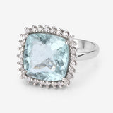 Natural Aquamarine with Diamond Halo Silver Ring March Birthstone Statement Ring Engagement Ring