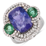 Natural Tanzanite Emerald with Diamond Black Rhodium Plate Silver Statement Bold Ring