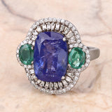 Natural Tanzanite Emerald with Diamond Black Rhodium Plate Silver Statement Bold Ring