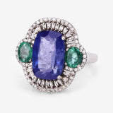 Natural Tanzanite Emerald with Diamond Black Rhodium Plate Silver Statement Bold Ring