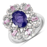Multi-Color Gemstone Ring, Natural Tanzanite, Pink Sapphire with Diamond Sterling Silver Ring, Statement Ring, Anniversary Gift