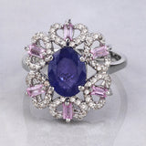 Multi-Color Gemstone Ring, Natural Tanzanite, Pink Sapphire with Diamond Sterling Silver Ring, Statement Ring, Anniversary Gift