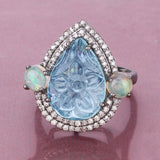 10.32 Carat Genuine Opal, Blue Topaz and White Diamond .925 Sterling Silver Ring