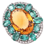 10.95 Carat Genuine Emerald, Citrine and White Diamond .925 Sterling Silver Ring
